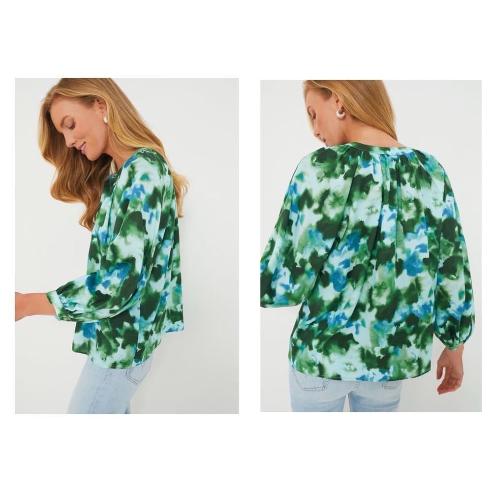 TUCKERNUCK Deep Lagoon Luca Puff Sleeve Button Down Blouse $178 - Picture 2 of 16